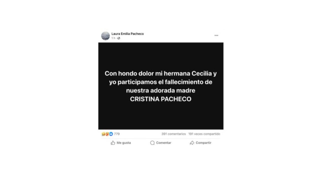 Laura Emilia Pacheco confirma la muerte de su hermana, la periodista Cristina Pacheco.