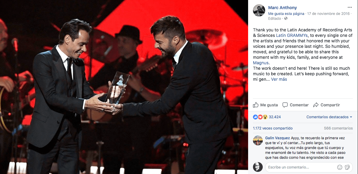 Marc Anthony fue la Persona del Año del Latin GRAMMY 2016, galardón que recibió con toda la humildad que lo caracteriza.