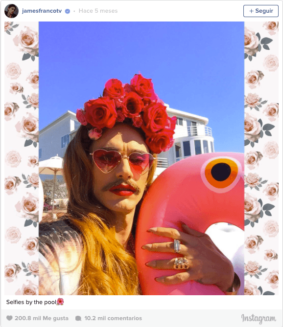 <b>9. <a href="https://www.instagram.com/jamesfrancotv/">James Franco</a>.</b> El actor tiene un buen archivo de 'selfies', algunos algo excéntricos. Evidentemente, la curiosidad por verlos lo hizo entrar en la lista.