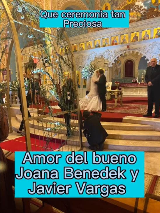 <b>El productor Emilio Larrosa </b>(a la derecha), con quien Joana ha hecho la mayoría de sus telenovelas,
<b>la entregó en el altar</b> vestida de blanco.
<br>