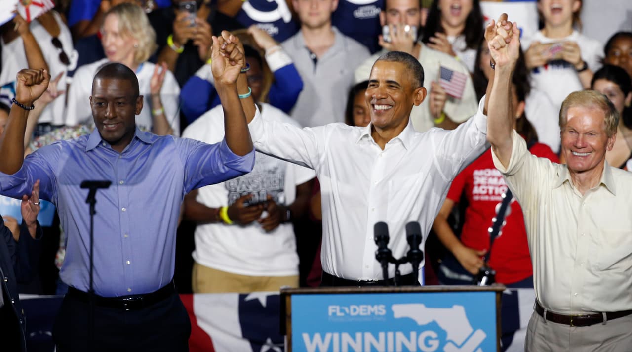 Barack Obama por el primer afroestadounidense gobernador de Florida.
<a href="https://www.univision.com/personas/barack-obama/obama-vs-trump-los-partidos-sacan-su-artilleria-pesada-en-la-recta-final-de-la-campana-fotos-fotos">El expresidente hizo campaña por los demócratas</a> Andrew Gillum, candidato a gobernador y por Bill Nelson, quien aspira a la reelección al Senado.
