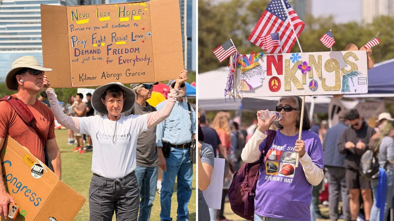 A partir de la 1:00 pm, cientos de manifestantes se reunieron en el Austin City Hall Auditorium Shores, llevando pancartas y elevando consignas contra “la migra”.