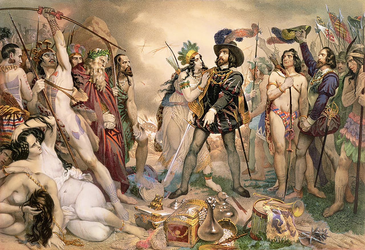 <b> Viruela en México (1519-1520)</b>. La destrucción causada por la conquista española en América se aceleró con el impacto de la viruela en la población indígena. Fue el comienzo de uno de los mayores eventos de despoblación en la historia de la humanidad. Mató entre 5 y 8 millones de personas. La imagen representa el encuentro entre Hernán Cortés y miembros del imperio azteca en 1519.
<br>