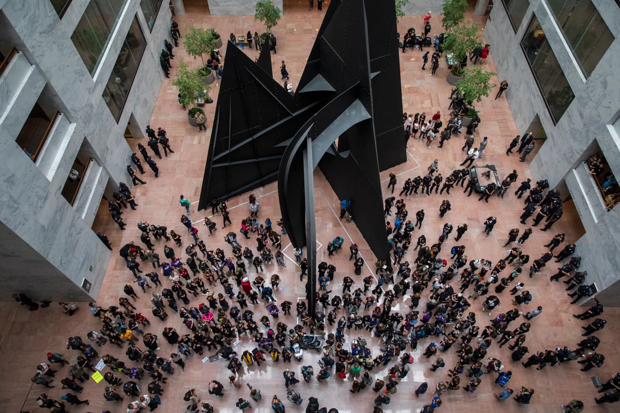 WASHINGTON, DC - SEPTEMBER 27: Protestors gather in the atrium of the Hart Senate Office Building to demonstrate against upreme Court nominee Judge Brett Kavanaugh on Capitol Hill, September 27, 2018 in Washington, DC. On Thursday, Christine Blasey Ford, who has accused Kavanaugh of sexual assault, is testifying before the Senate Judiciary Committee. (Photo by Drew Angerer/Getty Images)