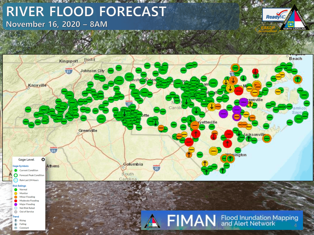 Los ríos en color rojo y morado están en las etapas de inundación moderada y mayor, respectivamente.