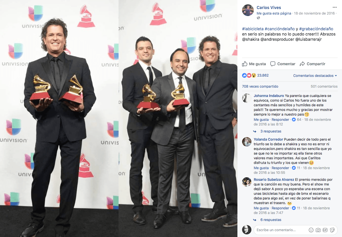 Carlos Vives celebró a lo grande el reconocimiento, nominado por Grabación del Año y Canción del Año.