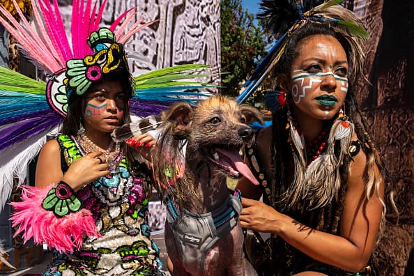 Los bailarines aztecas en una carroza son vistos con un perro durante el 73o Desfile del Día de la Independencia de México en Los Ángeles, California. La celebración y el desfile anual tuvieron lugar a lo largo de la Avenida César Chávez.