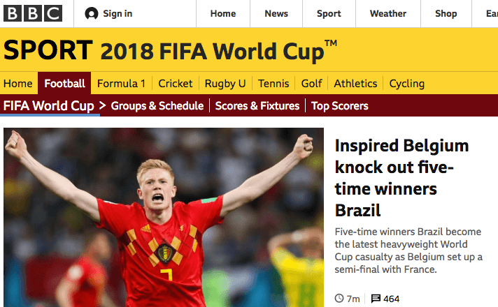 El portal de la BBC, en su apartado BBC Sport: Una inspirada Bélgica elimina a los cinco veces campeones, Brasil.