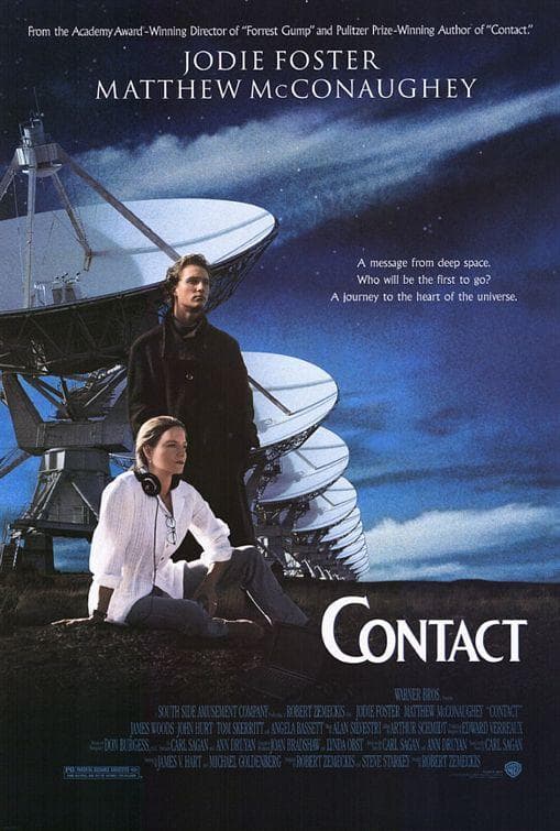 Contact (1997) - Tras la prematura muerte de sus padres siendo una niña, Eleanor Arroway perdió la fe en Dios. Como contrapartida, ha concentrado toda su fe en la investigación: trabaja con un grupo de científicos que analizan ondas de radio procedentes del espacio exterior con el fin de encontrar señales de inteligencia extraterrestre.
<br>