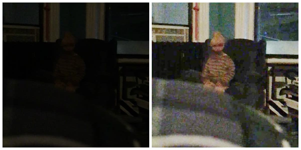 Adam despertó y olvidó el sueño. Mas tarde, al recordarlo, decidió mirar las fotos de su galería y se llevó una horrible sorpresa. ¡El escritor había captado al pequeño fantasma! La fotografía de la izquierda es la publicada por Adam, la de la izquierda es la misma pero con la luz modificada por uno de sus seguidores.