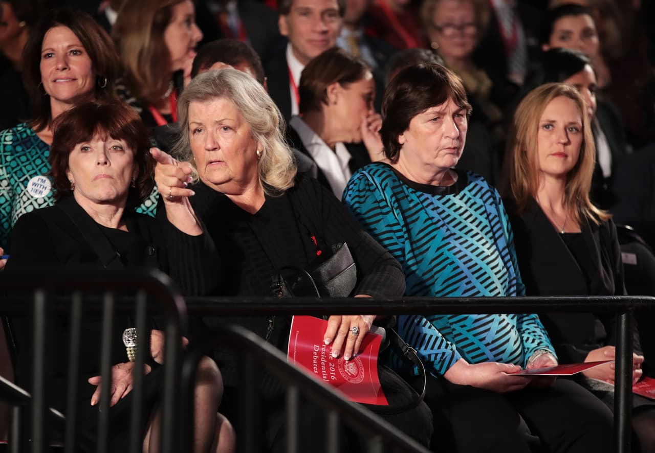 ST LOUIS, MO - OCTOBER 09: (L-R) Kathleen Willey, Juanita Broaddrick and Kathy Shelton sit before the town hall debate at Washington University on October 9, 2016 in St Louis, Missouri. This is the second of three presidential debates scheduled prior to the November 8th election. (Photo by Scott Olson/Getty Images)