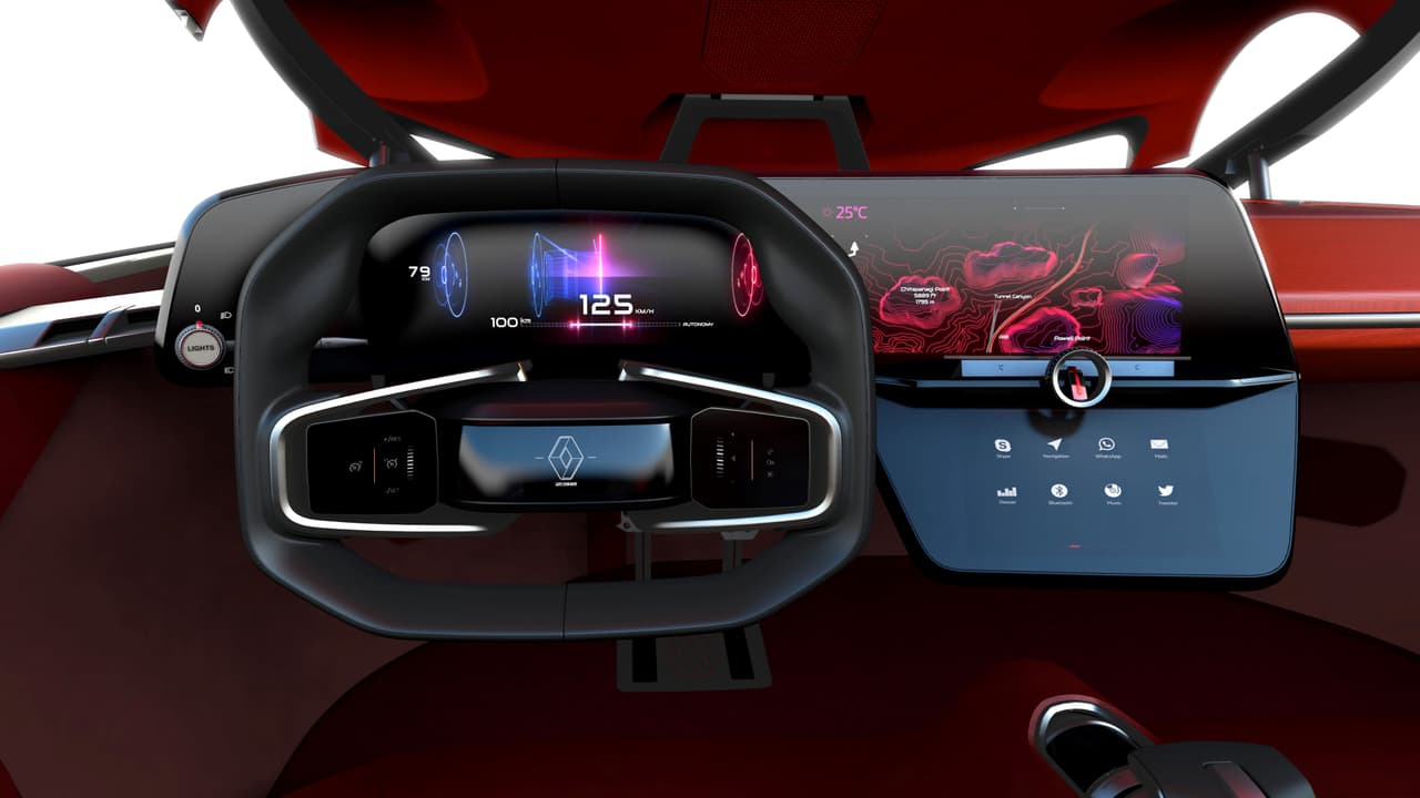 Los instrumentos digitales del Renault Trezor Concept son totalmente configurables y sincronizables con las apps en el
<i>smartphone</i>. Su volante rectangular se retrae cuando se elige el modo de conducción autónoma permitiendo una vista panorámica ininterrumpida del hermoso tablero de madera roja y de la vía delante del Trezor.