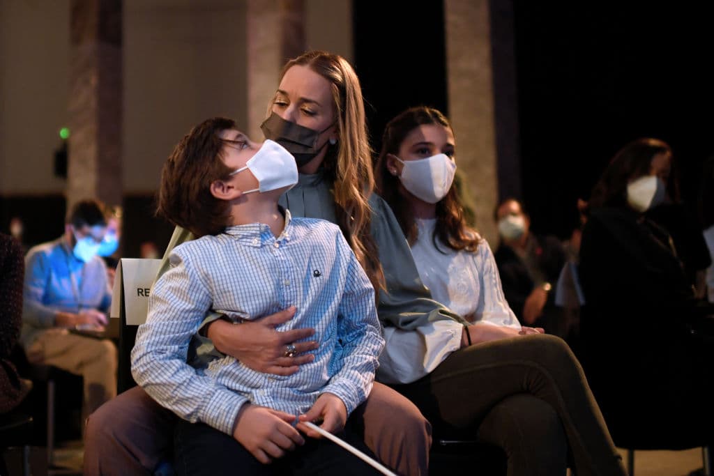 La familia del opositor Leopoldo López, durante una rueda de prensa del opositor en Madrid.