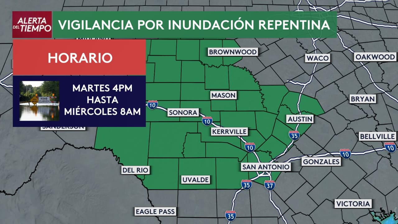 🌧️⚠️ Alerta en el Tiempo
<br>
<br>Atención Texas Central: se ha emitido una
<b>Vigilancia por Inundación Repentina</b> desde las 4:00 pm del martes hasta las 8:00 am del miércoles.