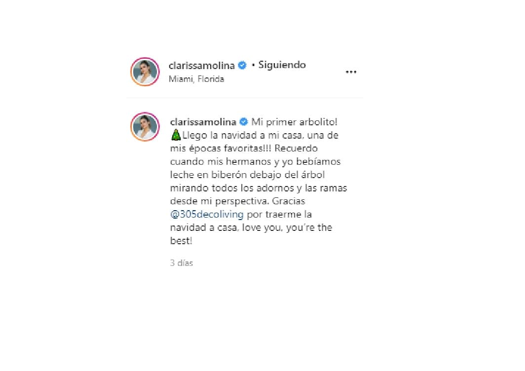 La conductora dominicana aprovechó la foto que publicó en Instagram para compartir con sus 2.7 millones de seguidores que este es su primer árbol de Navidad y una historia familiar.