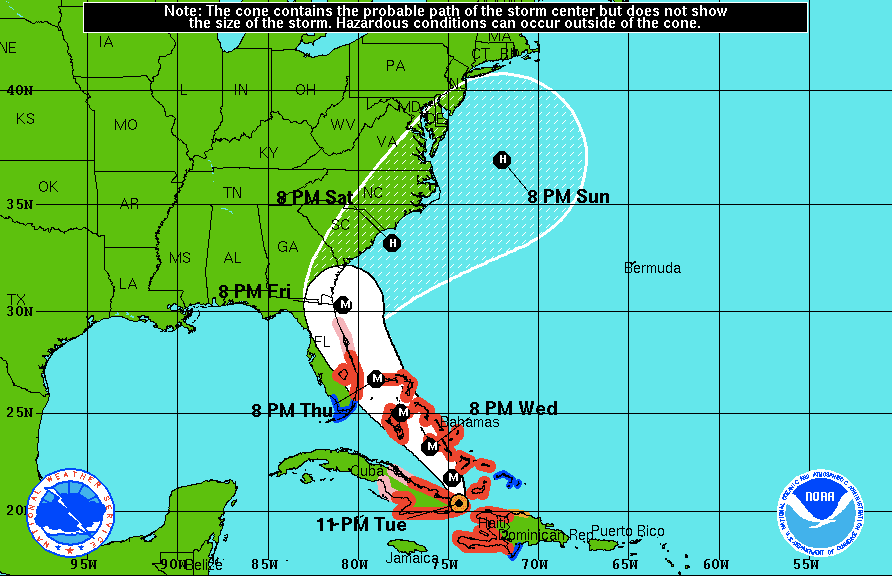 Cono de trayectora del huracán Matthew para el martes a las 11:00 pm.