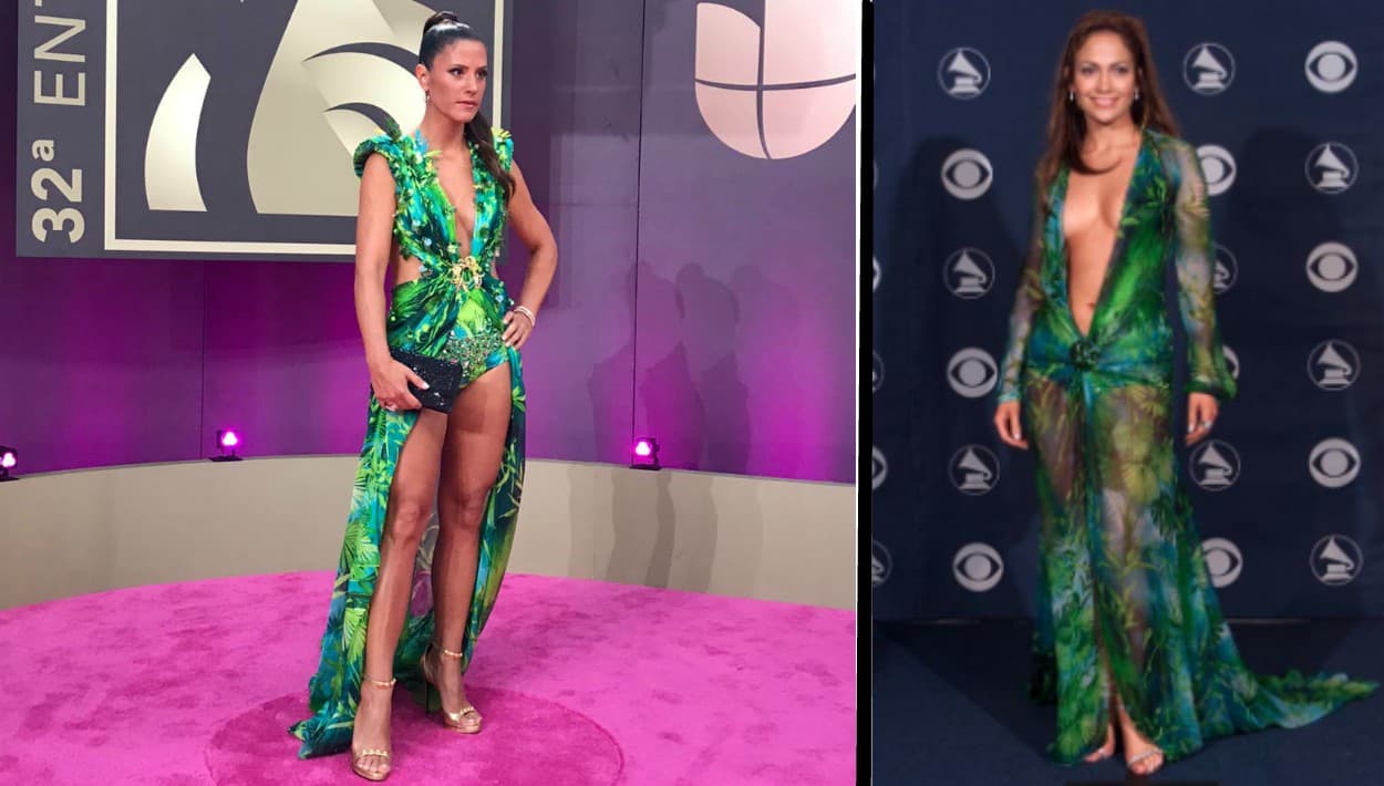 La comunicadora peruana
<b>Pía Copello</b> trajo a la alfombra roja el icónico vestido Versace,
<b><a href="https://www.univision.com/famosos/jlo-impacto-con-vestido-hibrido-de-versace-fotos">que JLo popularizó hace más de 20 años</a></b>.