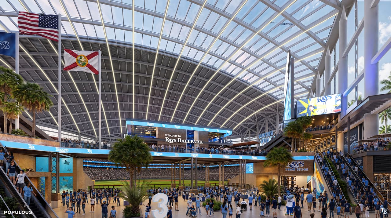 El primer render muestra la vista general del futuro estadio de los Tampa Bay Rays, diseñado para ofrecer una experiencia más cercana al terreno de juego. El recinto tendría capacidad para unas 31,000 personas y abriría sus puertas en 2029.