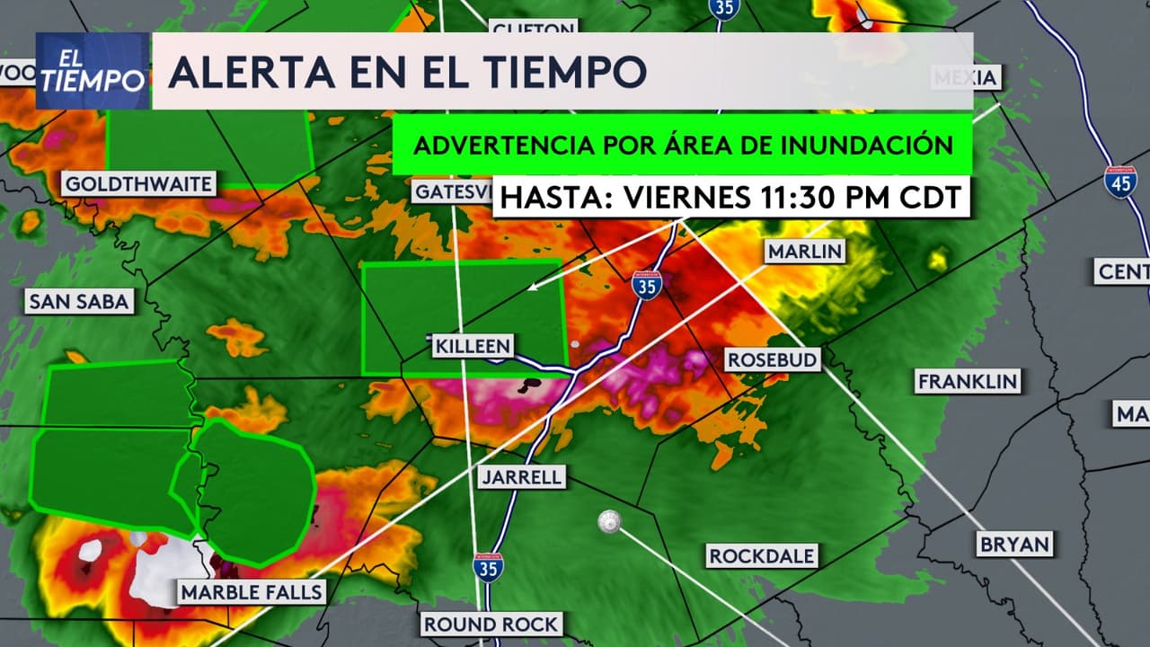 ⚠️ Note bien la intensidad de las nubes, contamos con una
<b>advertencia por inundaciones repentinas </b>para ciudades como
<b> Killeen, Marble Falls y otras a su alrededor hasta las 11:30 p.m. </b>