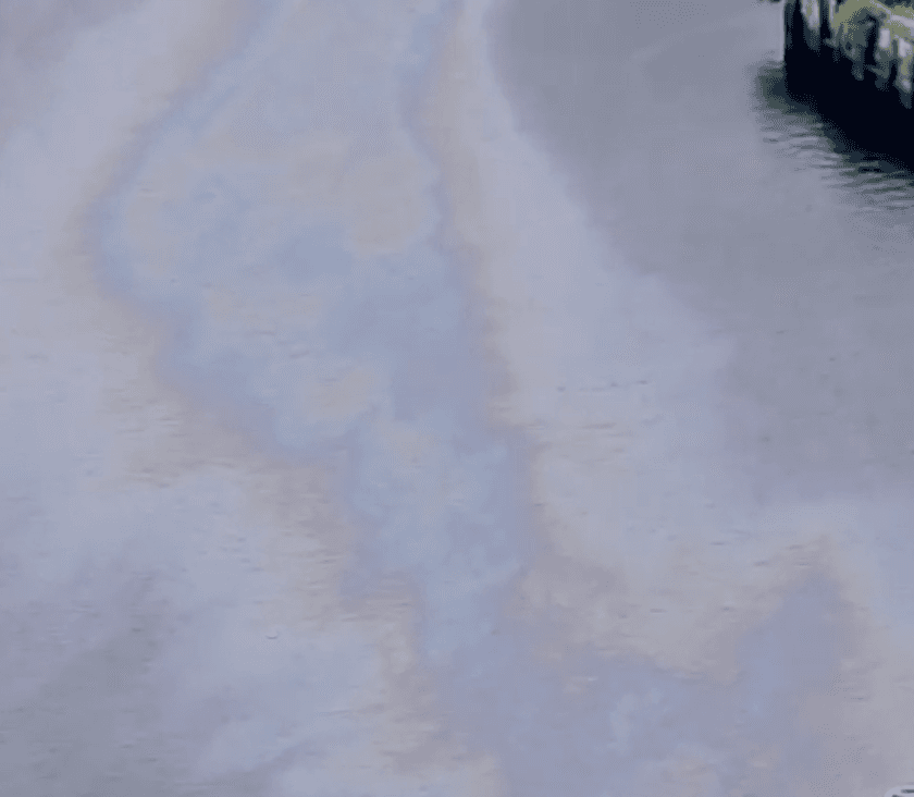 El video de Chopper 6 mostró lo que parece ser un brillo de aceite en el agua. Vehículos policiales y de bomberos se encontraban cerca del lugar.