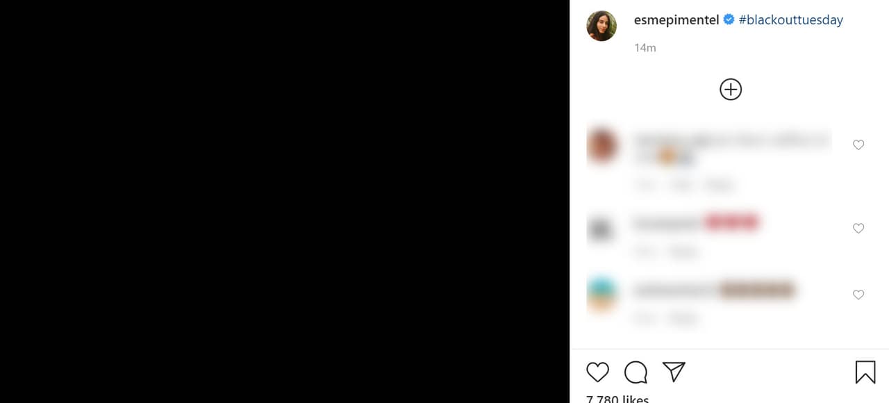 La actriz
<b><a href="https://www.instagram.com/p/CA71kMUHoCS/" target="_blank">Esmeralda Pimentel</a></b>, de
<b><a href="https://www.univision.com/shows/el-color-de-la-pasion" target="_blank">El Color de la Pasión</a></b>, publicó su silencio virtual en apoyo al movimiento.