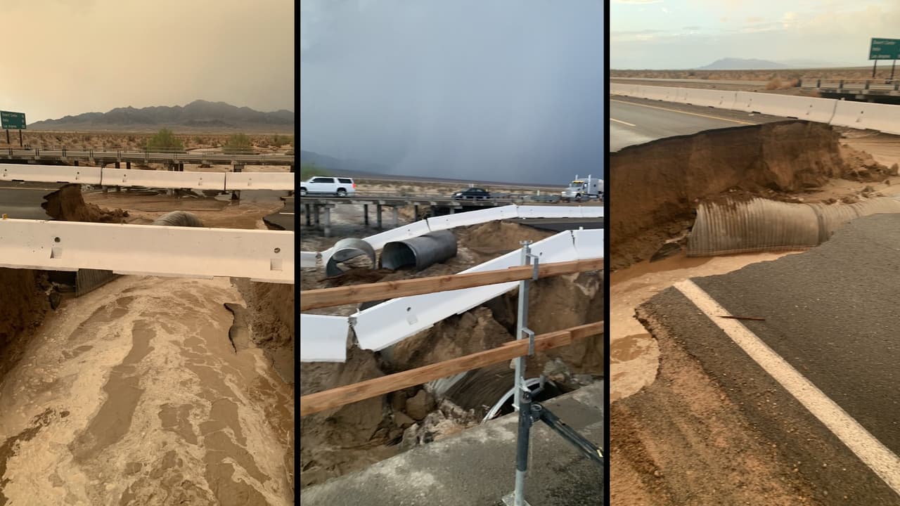Daños por inundaciones en la carretera Interestatal 10 que comunica a Phoenix con Los Angeles