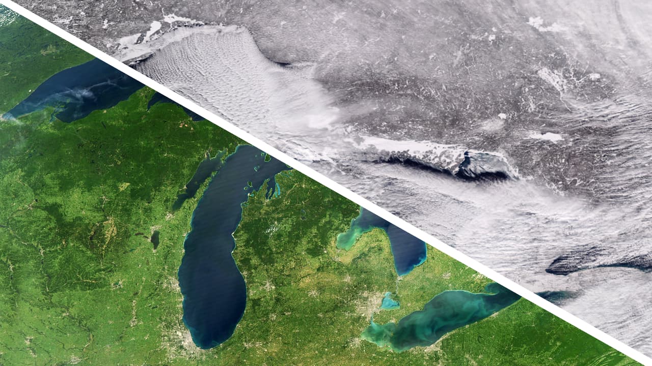 Fotografía Interactiva: así se ve desde el espacio el frío extremo sobre los Grandes Lagos