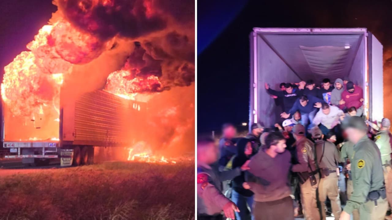 Tráiler se incendia con 39 personas en su interior tras darse a la fuga de un puesto de control de la Patrulla Fronteriza