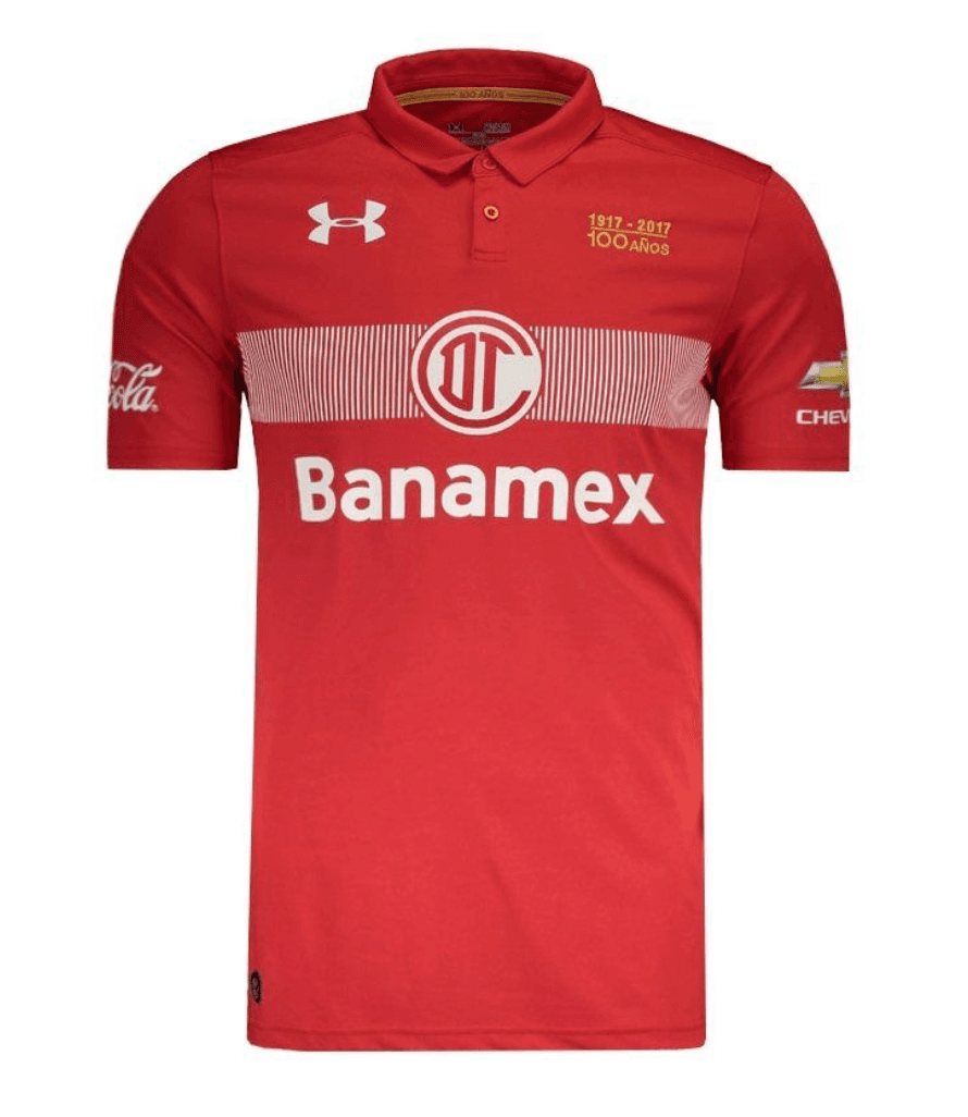 Toluca es un equipo fundado en febrero de 1917 y es uno de los equipos más antiguos del futbol mexicano. Es así como en 2017 lanzan esta playera conmemorativa de sus 100 años de existencia.