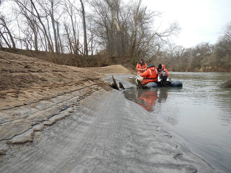Taking core samples at the site of a coal ash spill on the Dan River in North Carolina, 2014.