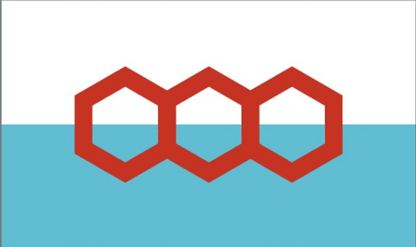 Tres panales de color rojo oscuro forman una cadena, centrada en bandas horizontales de blanco y azul turquesa.