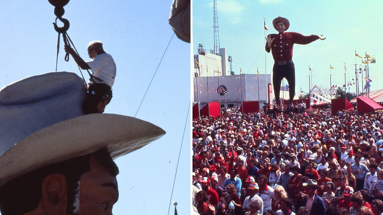 <h3 class="cms-H3-H3">Big Tex también estrena ropa</h3> En 2026, el gigante llega
<b>con cambios de guardarropa. </b>
<br>
<b>Estrenará botas talla 96 fabricadas por Lucchese,</b> con un diseño de Aaliyah McNeal seleccionado entre casi 450 propuestas, según la feria
<br>También
<b>llevará jeans Levi’s 501 hechos especialmente para sus dimensiones</b> y una nueva camisa desarrollada junto con Cavender’s.
<br>La Feria Estatal de Texas
<b> <a href="https://www.univision.com/local/dallas-kuvn/feria-estatal-texas-2026-precios-descuentos-como-ahorrar" target="_blank">se realizará del 25 de septiembre al 18 de octubre de 2026</a> </b>en Fair Park, en Dallas.
<br>Así que cuando levantes la mirada para ver al enorme vaquero dando la bienvenida este año, recuerda el detalle que probablemente no aparece en la foto:
<b>debajo de esa historia de botas, sombrero y Texas todavía queda el origen improbable de Big Tex. </b>
<br>Todo comenzó
<b>con Santa Claus.</b>