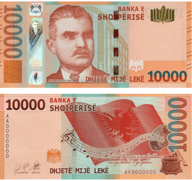 <h3 class="cms-H3-H3">9. Albania (10,000 leks) </h3>
<br>
<br>En la parte delantera, entre el naranja, marrón y verde, hay un texto en albanés, una imagen del poeta Asdreni,
<b>un contorno del edificio del Banco de Albania, el escudo de armas como dispositivo de registro y un libro abierto. </b>
<br>
<br>Por el reverso, además de un escudo de armas y la bandera de Albania, se ve un pentagram de notas musicales que salen de la trompeta de un tocadiscos de cuerda con una estrofa del himno nacional debajo de una marca de agua.
<br>