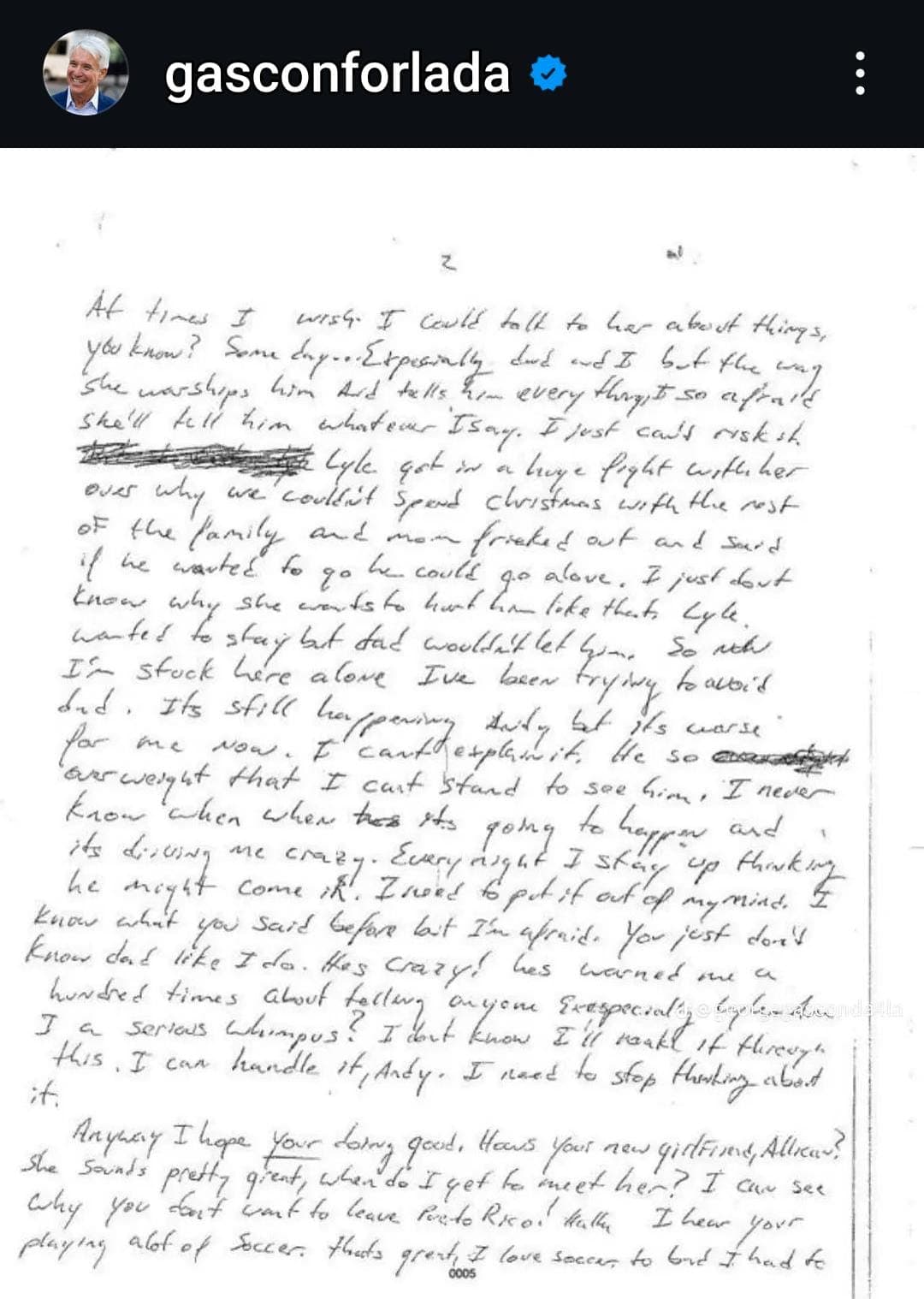 La carta escrita por Erik a su primo Andy.