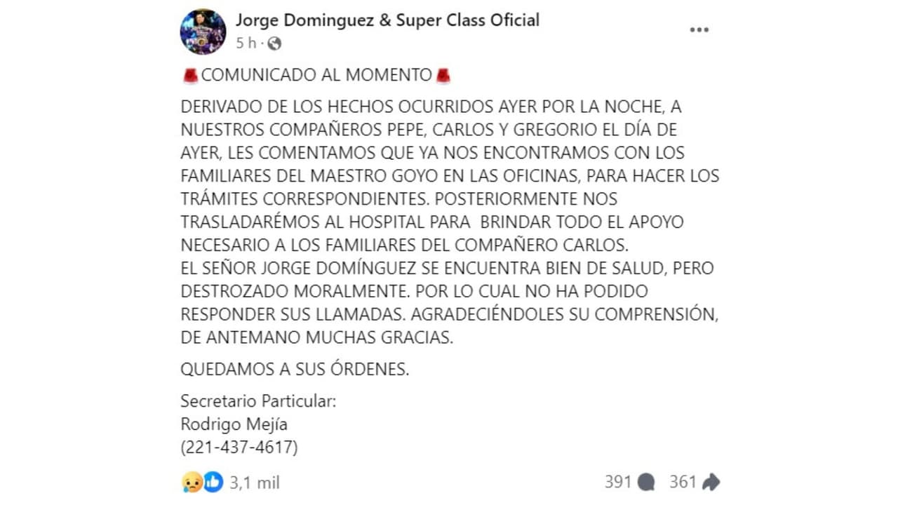 Jorge Domínguez y su grupo Super Class rompió el silencio tras la tragedia.