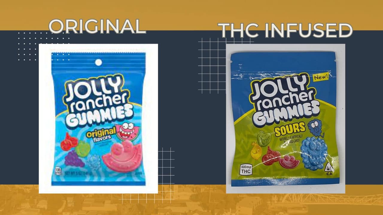 Así lucen las Jolly Rancher originales (a la izquierda) y así un producto que imita su empaque, pero tiene dulces con THC (a la derecha).
<br>Revisa los dulces de tu hijo: es importante examinar minuciosamente los dulces que tu hijo reciba durante Halloween. Busca dulces con un empaque inusual, etiquetas sospechosas o que parezcan manipulados. Si algo te parece sospechoso, es mejor desecharlo por precaución.