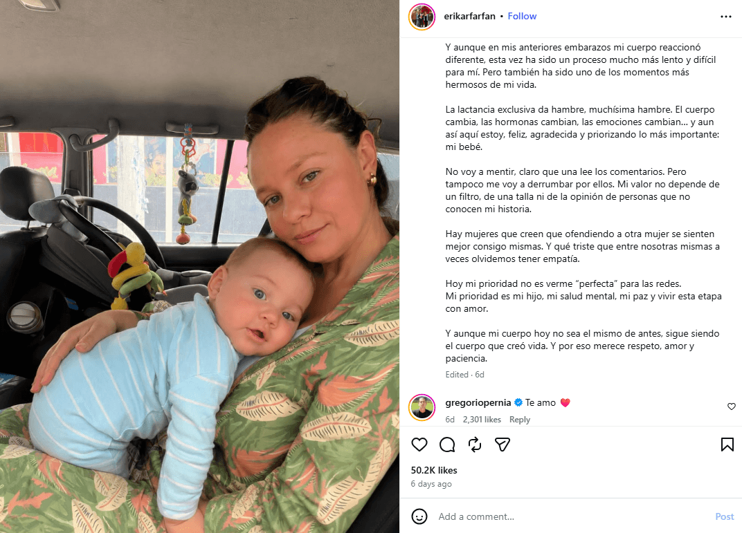 Erika Farfán compartió este poderoso mensaje tras recibir críticas y su esposo, Gregorio Pernía, le demostró su apoyo.
