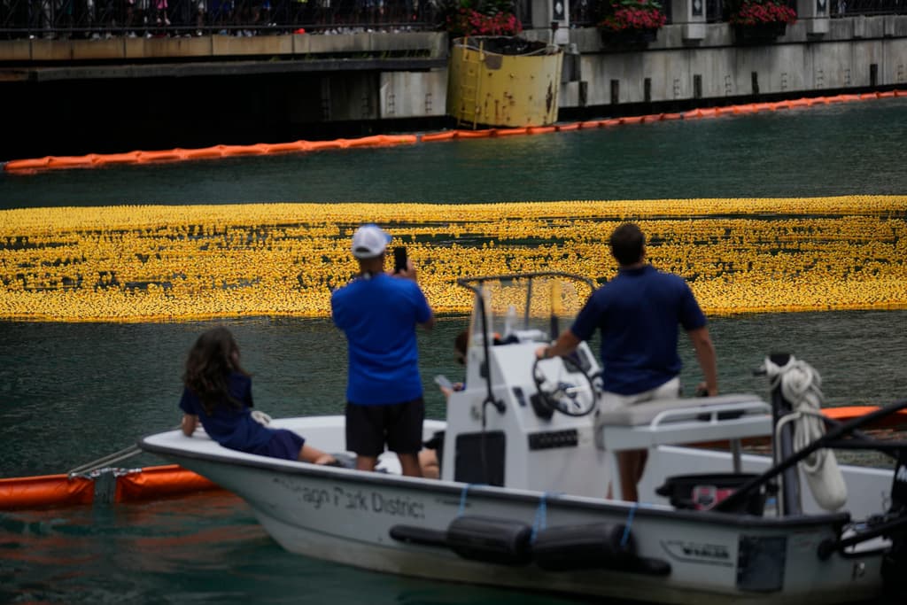 Más de 80.000 patos de goma son arrojados al río Chicago como parte de la carrera "Chicago Ducky Derby", a beneficio de Special Olympics Illinois, el jueves 7 de agosto de 2025, en Chicago. (Foto AP/Erin Hooley)