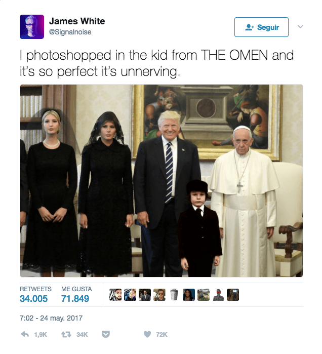 Alguien metió al niño Damian de la película "La profecía" y se integraba a la perfección.
<a href="https://twitter.com/Signalnoise/status/867380196005097473">Fuente</a>.