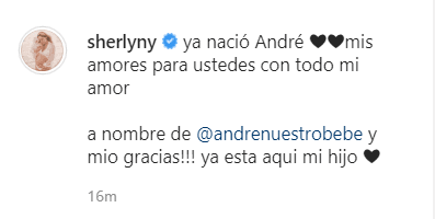 Fue junto a este clip compartido en Instagram que confirmó la llegada de su primogénito: "Ya nació André, mis amores, para ustedes con todo mi amor. A nombre de @andrenuestrobebé y mío ¡gracias! Ya está aquí mi hijo".