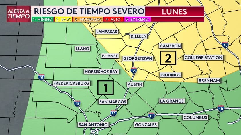 Este lunes,
<b>gran parte del centro de Texas enfrenta un riesgo de tiempo severo</b>. Ciudades como
<b>Austin y San Antonio se encuentran en el nivel 1 de un total de 5</b>, mientras que áreas como
<b>Georgetown, Cameron y las zonas del norte tienen un nivel de riesgo de 2</b>.