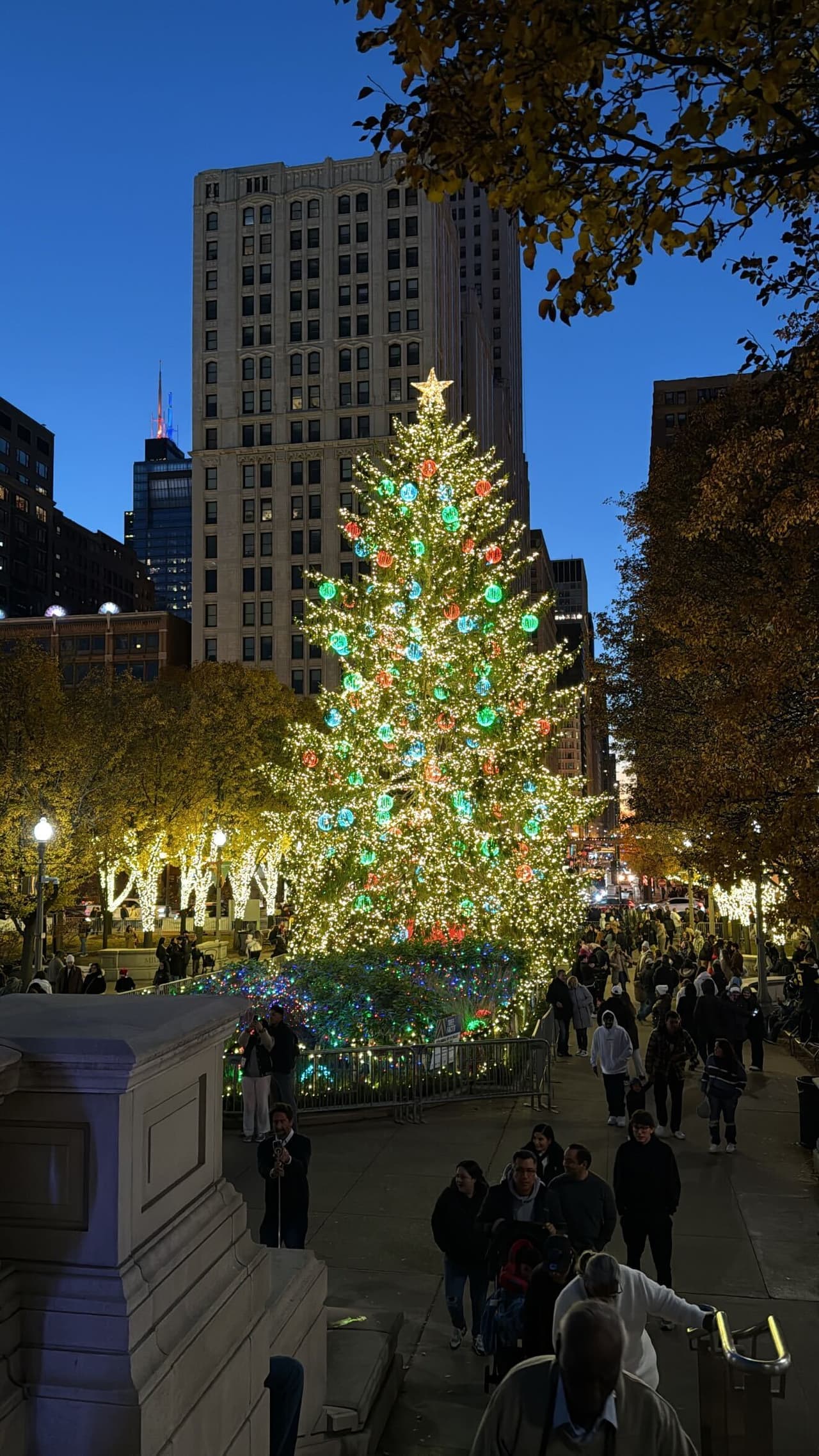 El “árbol oficial” de Navidad de Chicago, en su edición número 112, ilumina Millennium Park cerca de Michigan Ave. y Washington St. Ese árbol permanecerá brillante hasta el 11 de enero de 2026, y queda justo al lado de la pista de patinaje, y "The Bean", o 'el frijol', como le dicen algunos locales.