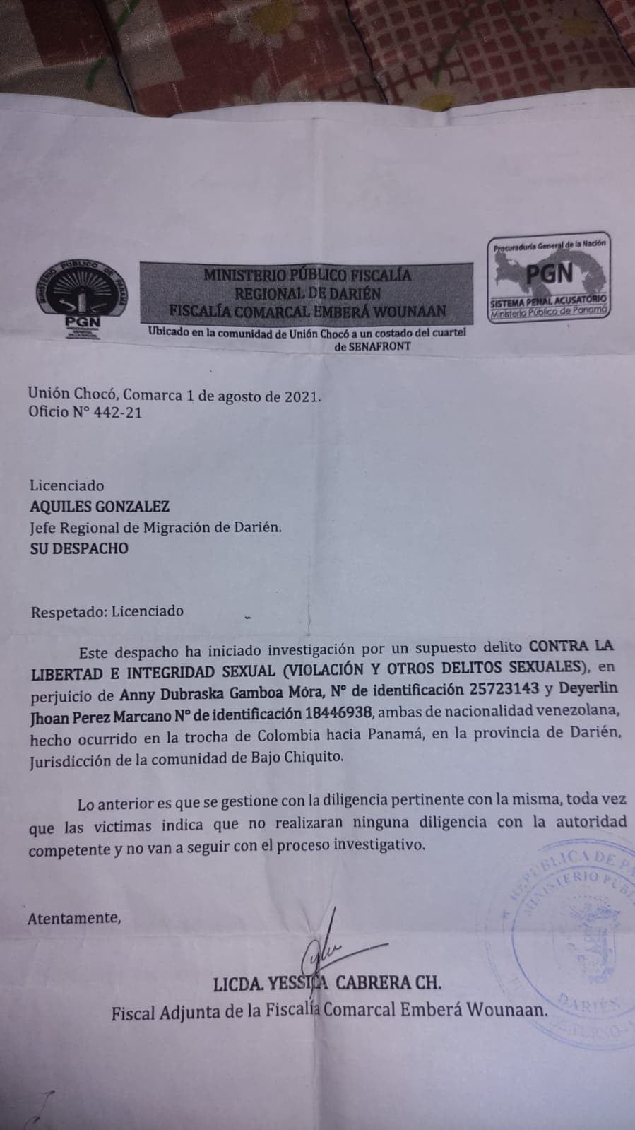 La denuncia presentada por Pérez ante las autoridades de Panamá tras haber sido violada en la jungla de Darién.
