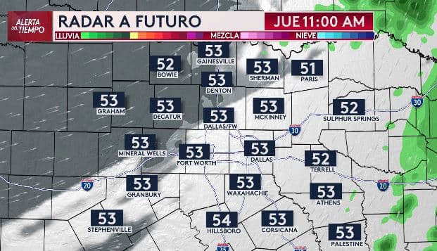 <h3 class="cms-H3-H3">Después de las 11 am: mejora el tiempo ☀️</h3> Para el final de la mañana del jueves,
<b>las lluvias se alejan y el norte de Texas estará mayormente seco.</b>
<br>👉🏻 El resto del día se espera más estable.