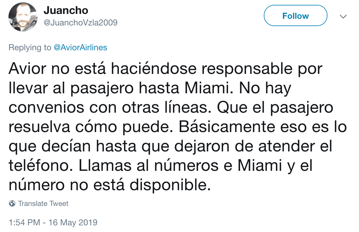 "Que el pasajero resuelva como pueda", fue lo que le dijeron en Avior a este usuario quien además se quejó porque el número de la aerolínea en Miami no funciona.
