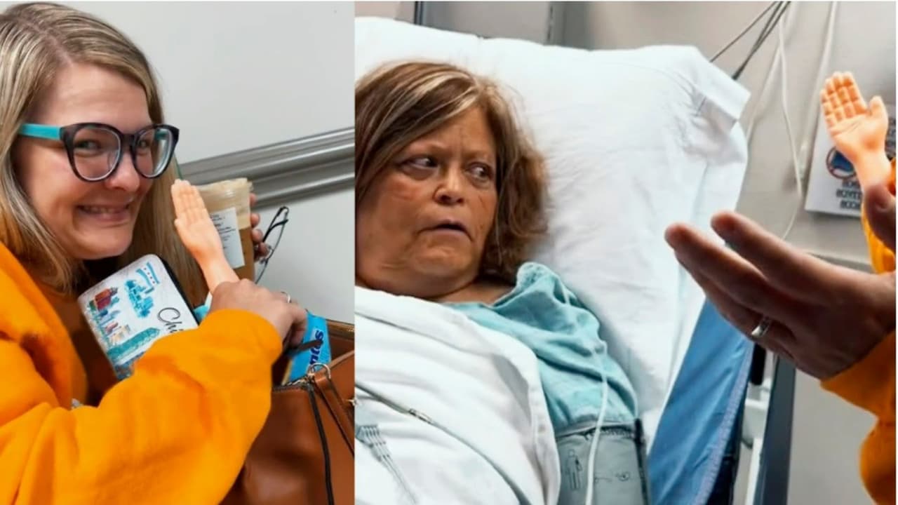 Mamá despierta de cirugía en la muñeca y sus hijas le hacen broma con una manita de juguete