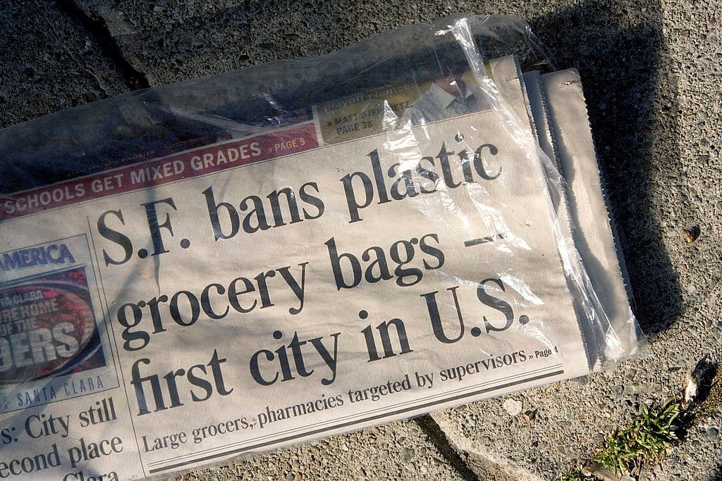 SAN FRANCISCO - MARCH 28: A headline in the local paper is seen on March 28, 2007 in San Francisco, California. The Board of Supervisors in San Francisco approved groundbreaking legislation to outlaw plastic checkout bags at large supermarkets in about six months and large chain pharmacies in about a year. The ordinance is the first such law in any city in the United States and has been drawing global scrutiny this week. (Photo by David Paul Morris/Getty Images)
