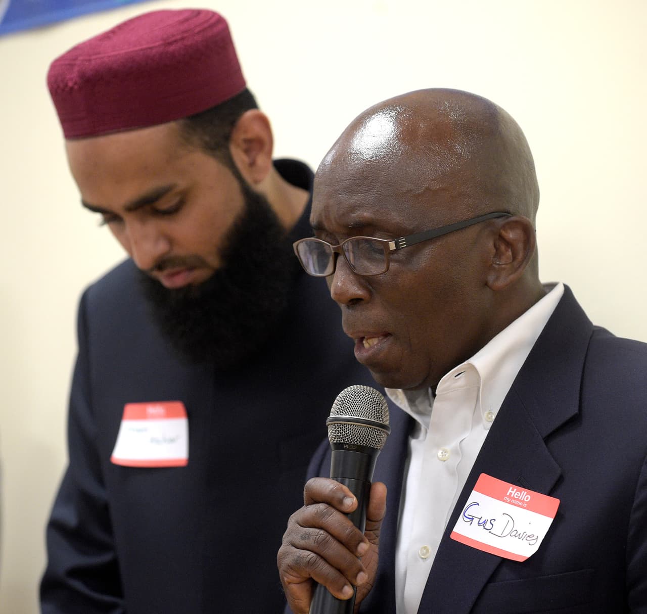 Pastor Gus Davies, right, and Imam Azhar Subedar give sermons during a special prayer service at the American Muslim Community Center Monday, June 13, 2016, in Longwood, Fla., after the mass-shooting at the Pulse Orlando nightclub. Dozens of people were killed at the gay nightclub in the deadliest shooting in modern U.S. history.