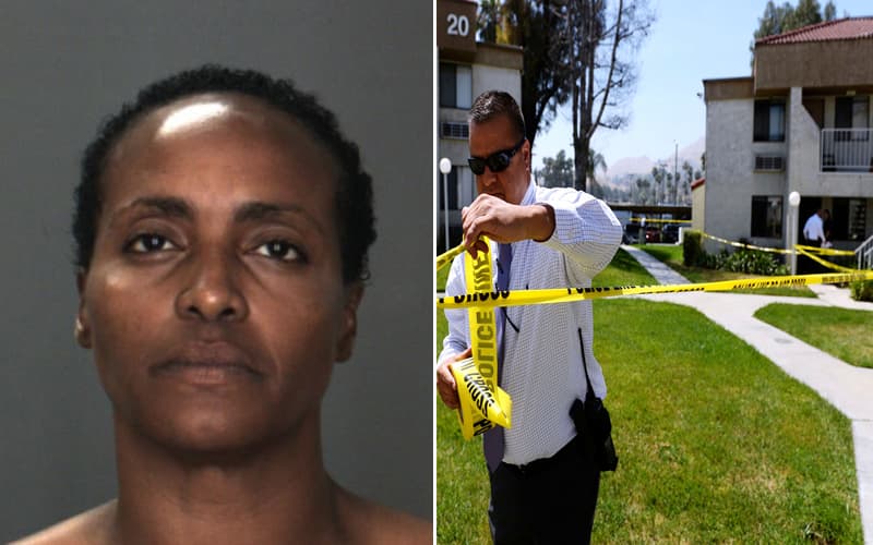 Nicole Darrington Clark enfrenta cargos por presuntamente atacar a su hija y dos nietas (izq). Detectives efectúan sus pesquisas cerca del apartamento donde tuvo lugar el mortal ataque (der).