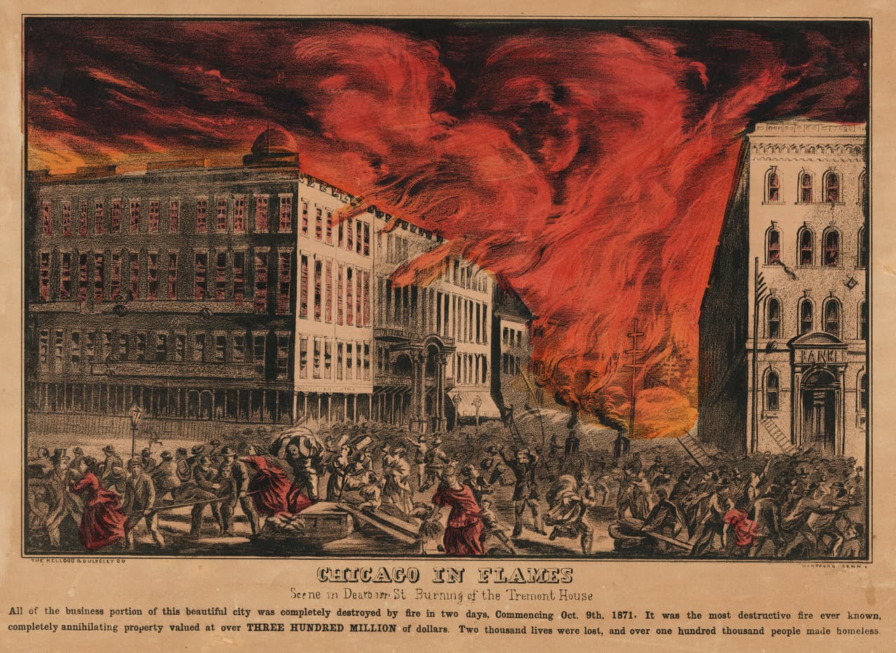 Lithograph depicting the burning of the Tremont House on Dearborn Street during the Chicago Fire of 1871.